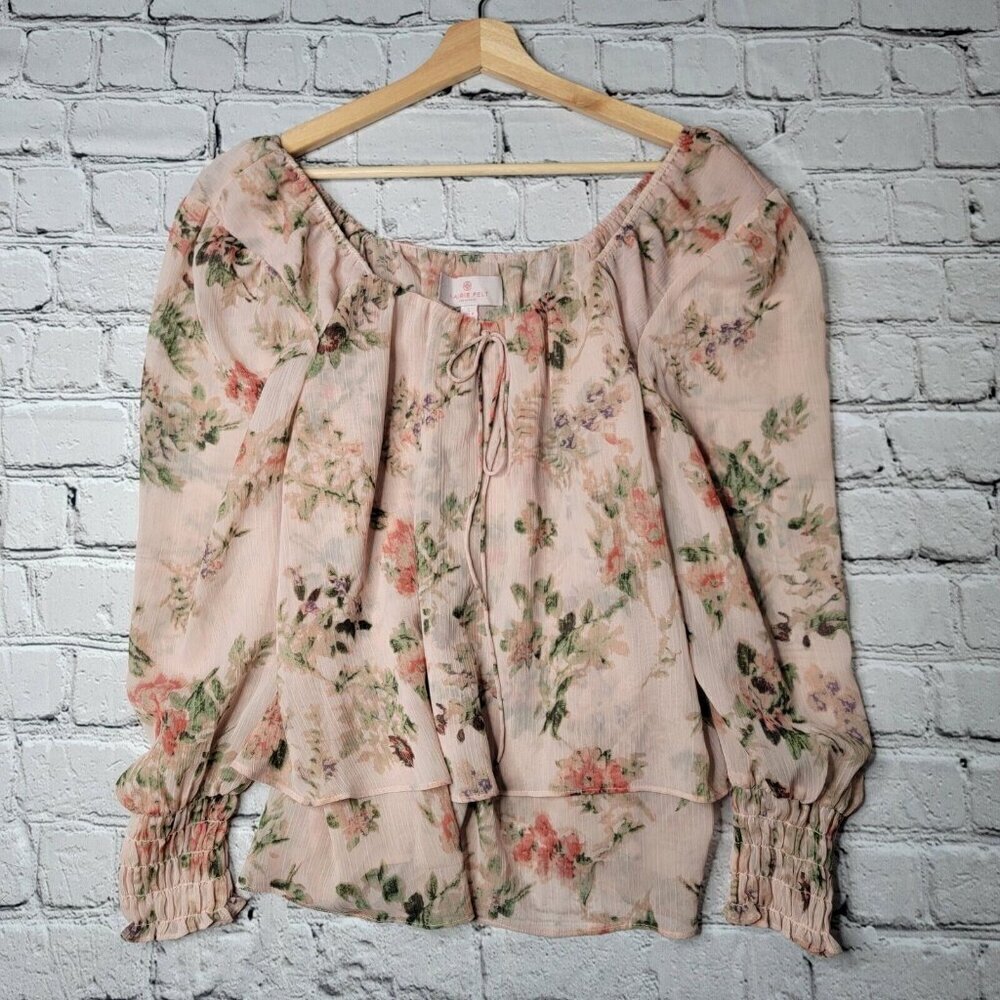 Laurie Felt Pink Blossom Florals Peasant LongSleeve Scrunch Cuff‎ Blouse Size S